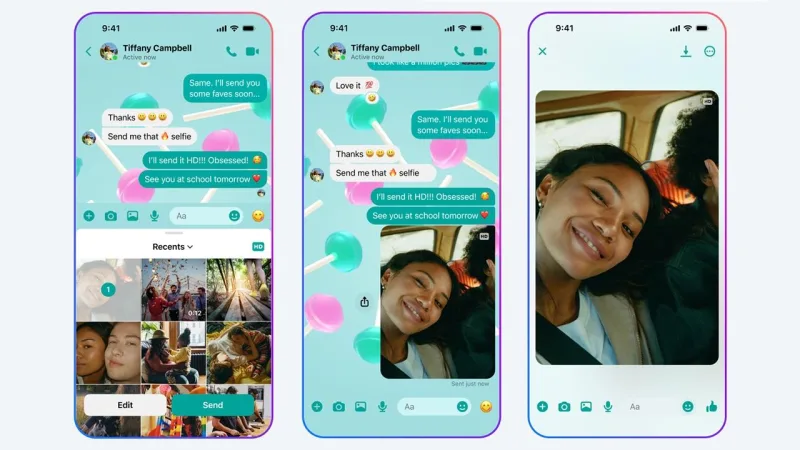 Στιγμιότυπα οθόνης από την εφαρμογή Messenger που δείχνουν την αποστολή φωτογραφιών υψηλής ευκρίνειας.