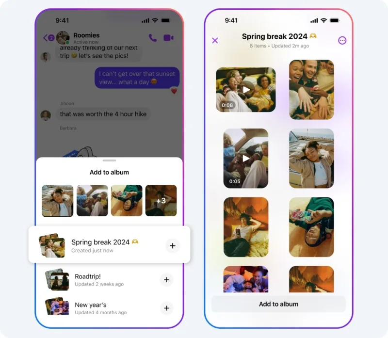 Στιγμιότυπα οθόνης από την εφαρμογή Messenger που δείχνουν τη δημιουργία άλμπουμ φωτογραφιών.