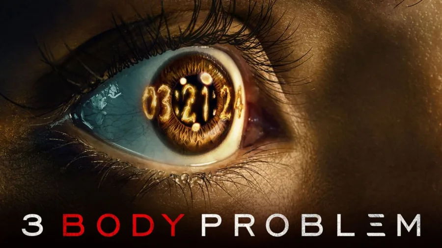 Αφίσα της σειράς 3 Body Problem με ένα μάτι και έναν ψηφιακό κωδικό στην ίριδα.