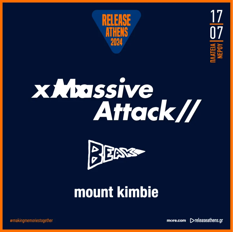Αφίσα του Release Athens 2024 με τους Massive Attack, Beak> και Mount Kimbie.