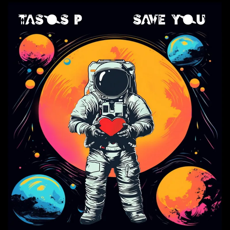 Εξώφυλλο του single Save You από τον Tasos P. με αστροναύτη που κρατά μια καρδιά στο διάστημα.