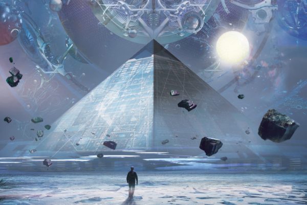 Σουρεαλιστική απεικόνιση από τη σειρά 3 Body Problem με μια πυραμίδα και έναν άνθρωπο.