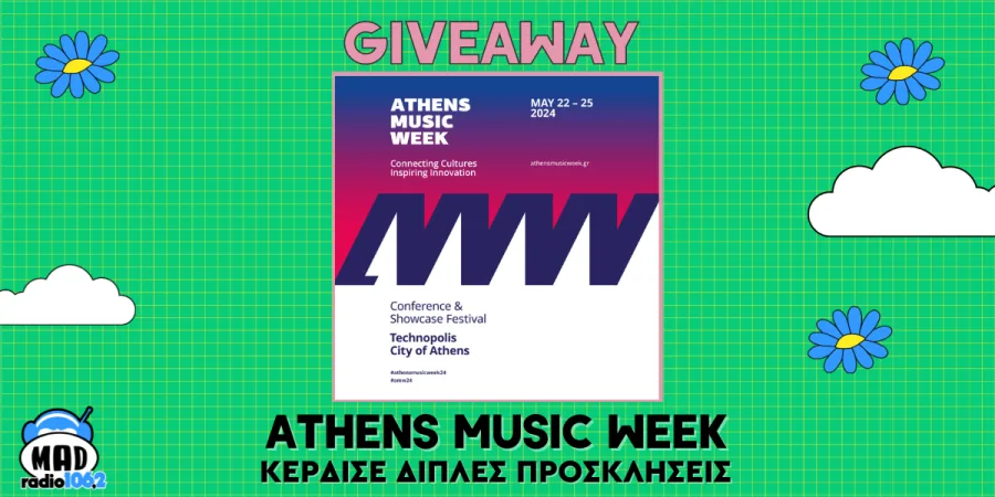 Αφίσα διαγωνισμού Mad Radio 106,2 για το Athens Music Week 2024.
