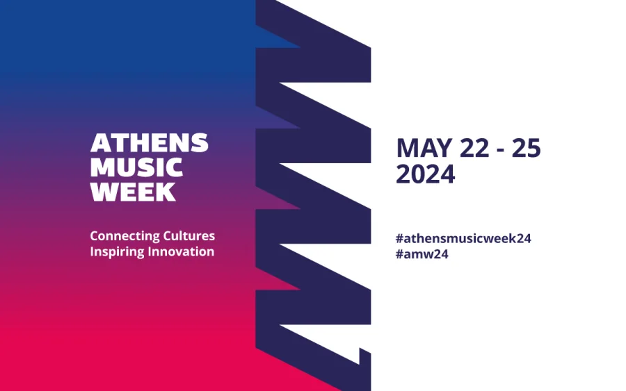 Αφίσα για το Athens Music Week 2024 με μπλε και ροζ διαβάθμιση.