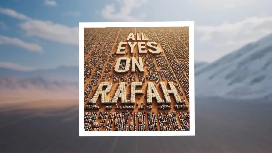 Εικαστικό AI με τη φράση All Eyes on Rafah σχηματισμένη από σκηνές σε προσφυγικό καταυλισμό.