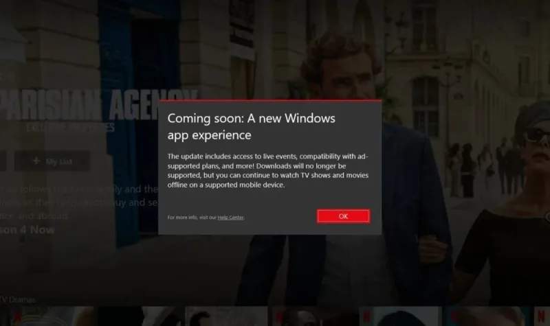 Ενημερωτικό μήνυμα του Netflix για τη νέα εφαρμογή Windows.