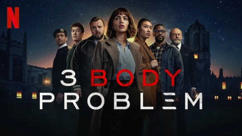 Αφίσα της σειράς 3 Body Problem του Netflix με τους πρωταγωνιστές σε νυχτερινό φόντο.