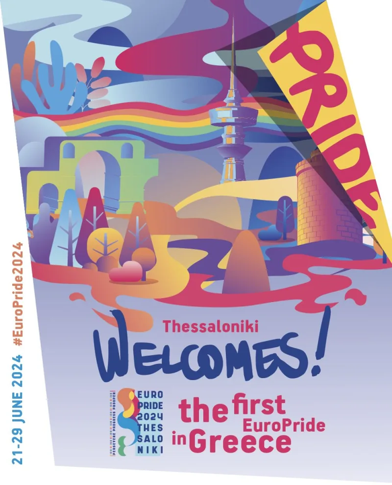 Αφίσα για το EuroPride 2024 στη Θεσσαλονίκη με πολύχρωμα γραφικά και τοπικά αξιοθέατα.