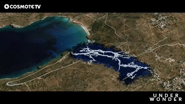 Αεροφωτογραφία ακτογραμμής με τρισδιάστατο σχεδιάγραμμα σπηλαίου
