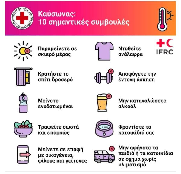 Ενημερωτικό γράφημα του Ελληνικού Ερυθρού Σταυρού με 10 συμβουλές προστασίας από τον καύσωνα.