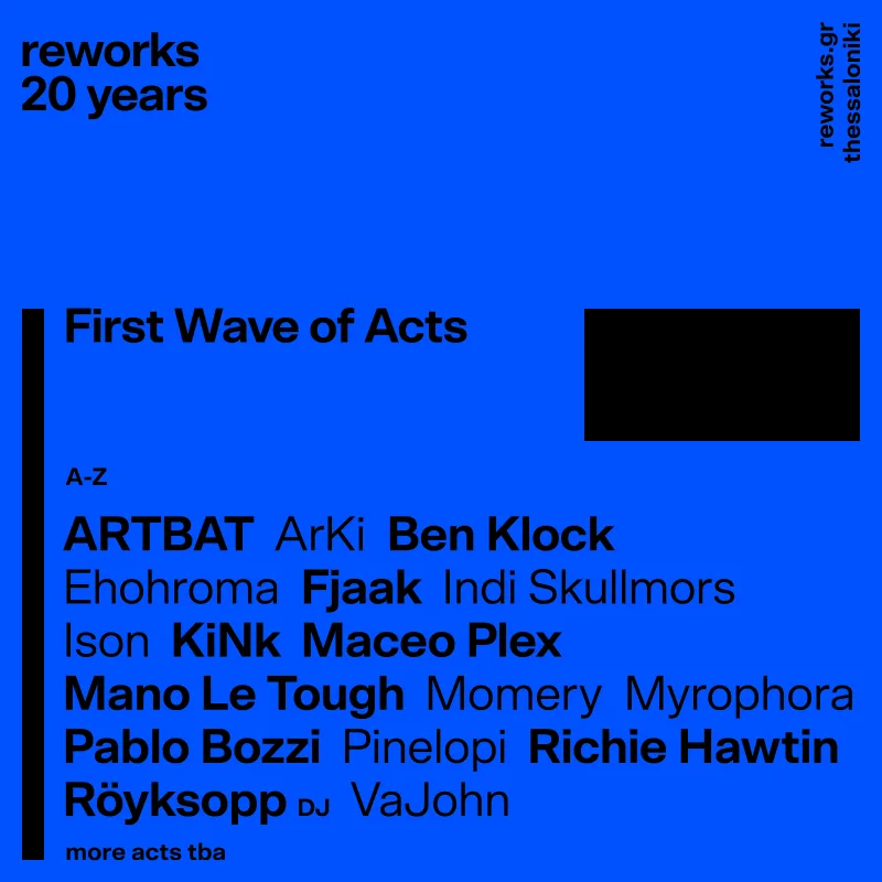 Αφίσα για την 20η επέτειο του reworks με τα ονόματα των καλλιτεχνών σε μπλε φόντο.