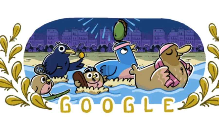 Google Doodle για τους Ολυμπιακούς Αγώνες 2024 με πουλιά να αθλούνται στο νερό.