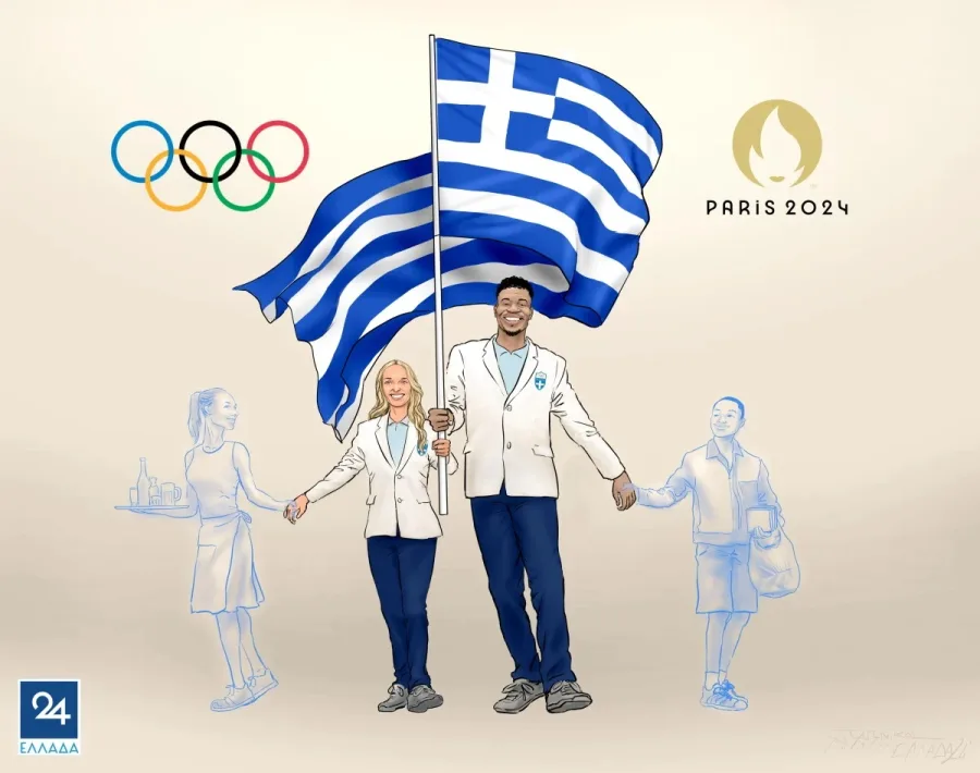 Σκίτσο των Γιάννη Αντετοκούνμπο και Αντιγόνης Ντρισμπιώτη με την ελληνική σημαία για τους Ολυμπιακούς Αγώνες 2024.