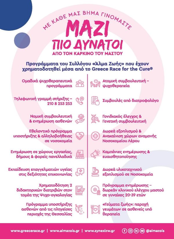 Αφίσα για το Greece Race for the Cure 2024 με προγράμματα του Συλλόγου Άλμα Ζωής.