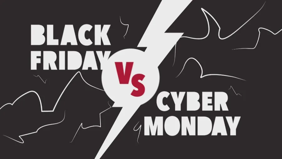 Γραφικό με τις επιγραφές Black Friday και Cyber Monday σε μαύρο φόντο με κεραυνό.