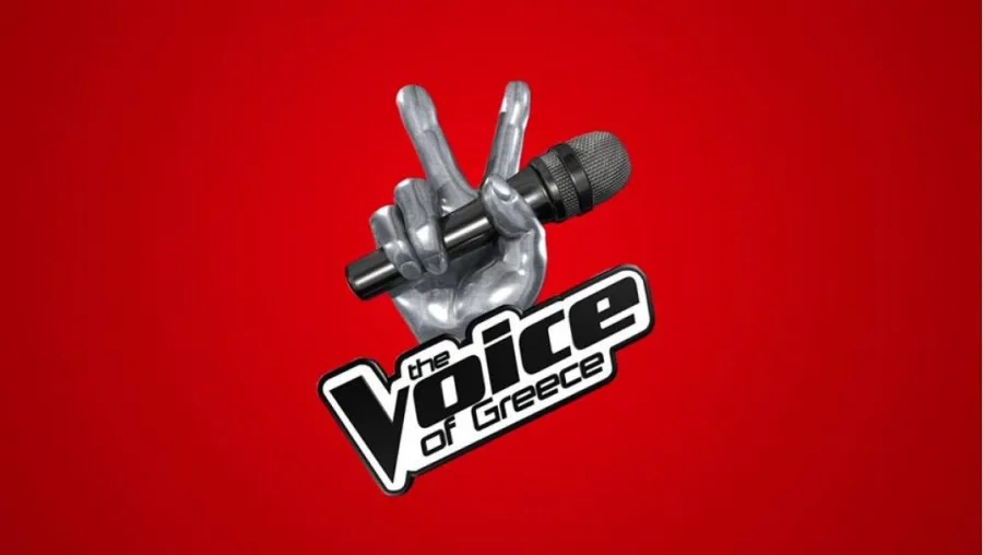 Το λογότυπο της εκπομπής The Voice of Greece σε κόκκινο φόντο.