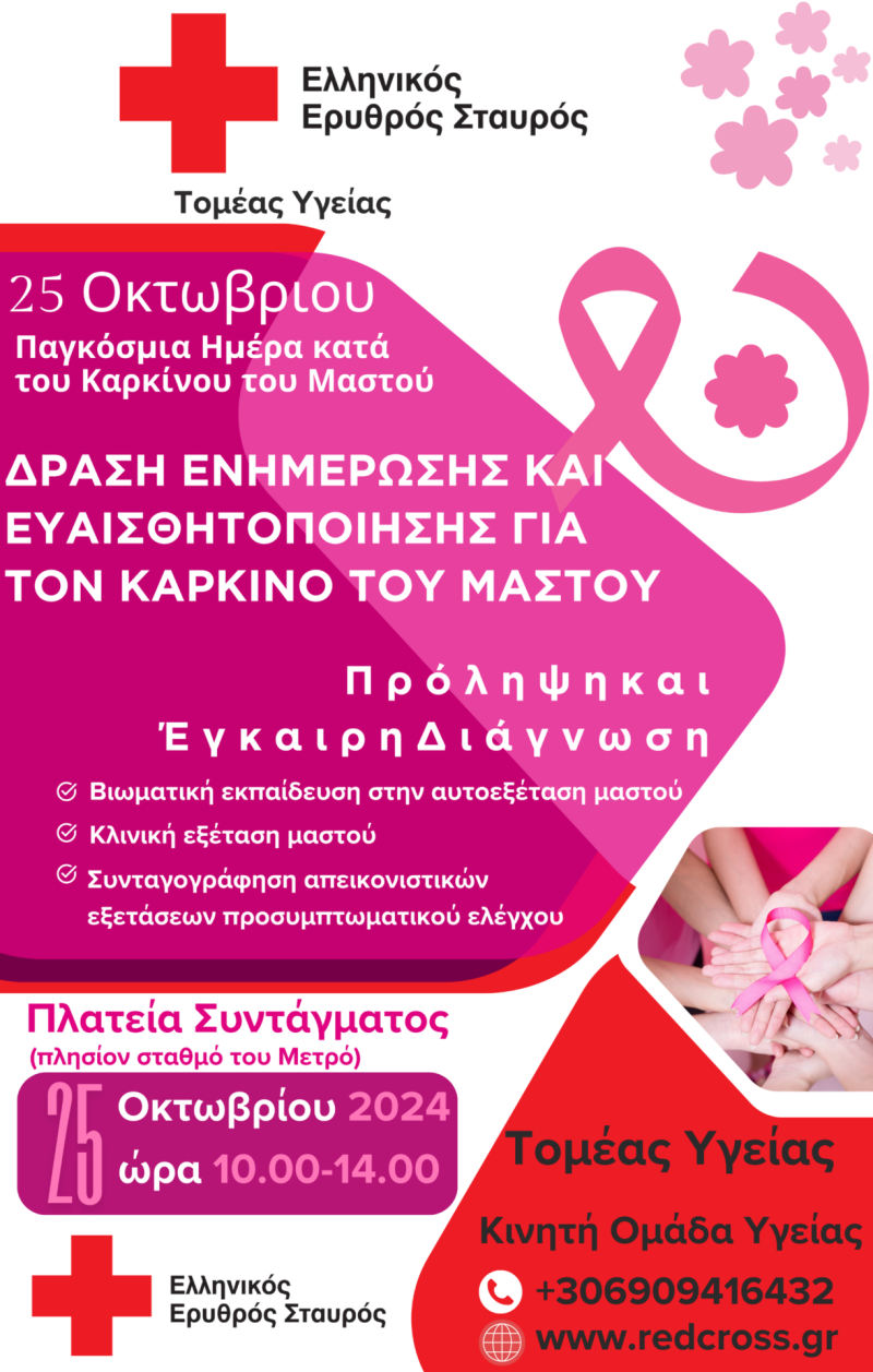 Αφίσα του Ελληνικού Ερυθρού Σταυρού για την πρόληψη του καρκίνου του μαστού στην Πλατεία Συντάγματος.