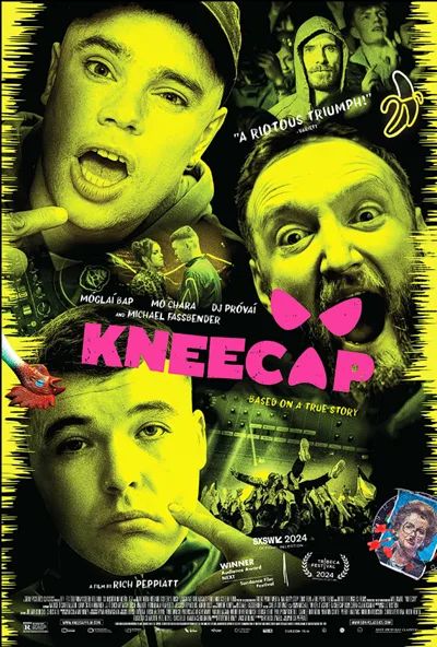 Αφίσα της ταινίας Kneecap με τα μέλη του συγκροτήματος σε έντονο κίτρινο φόντο.
