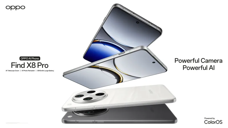 Διαφημιστική αφίσα για το OPPO Find X8 Pro με τέσσερα smartphone σε λευκό, μαύρο και γκρι χρώμα.