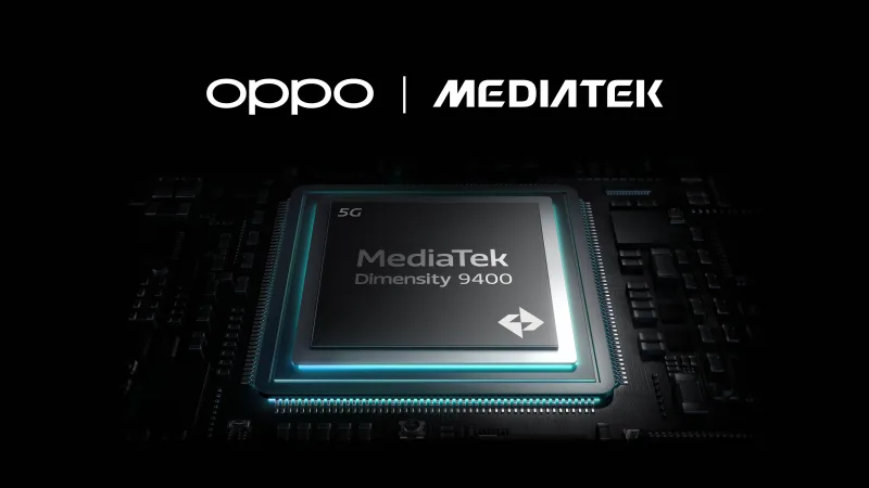 Λογότυπα OPPO και MediaTek πάνω από τον επεξεργαστή Dimensity 9400.