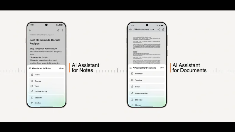 Δύο smartphone OPPO Find X8 Pro που δείχνουν τις λειτουργίες AI Assistant για σημειώσεις και έγγραφα.