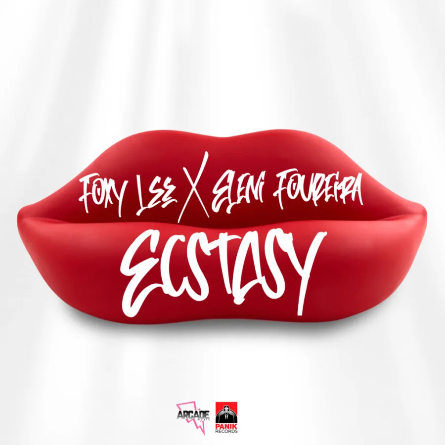 Εξώφυλλο του single Ecstasy από Foxy Lee και Ελένη Φουρέιρα με κόκκινα χείλη.
