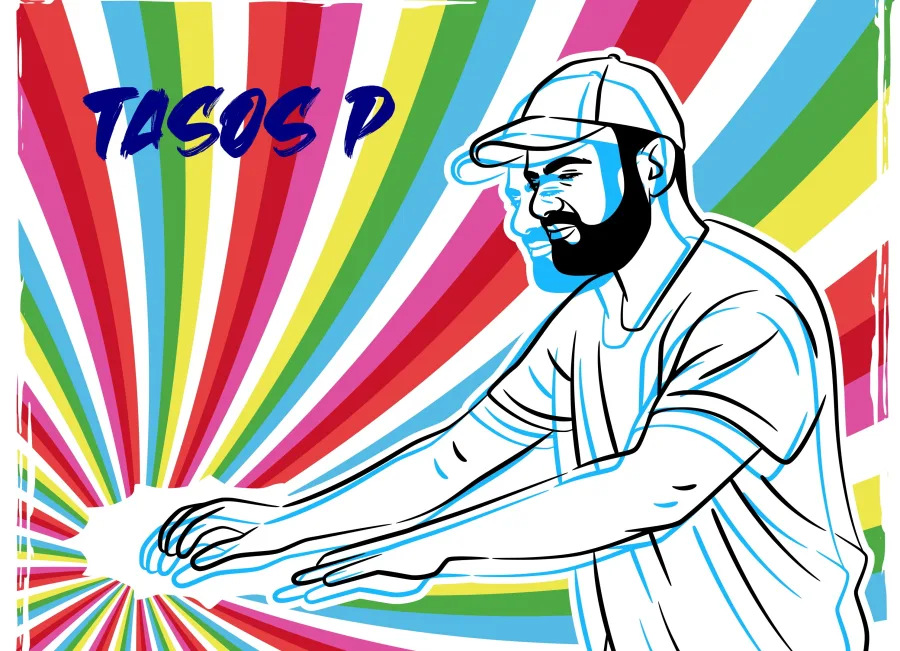 Εικονογράφηση του Tasos P. σε στυλ pop art με πολύχρωμες ακτίνες στο φόντο.