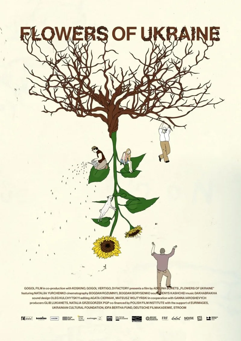 Αφίσα της ταινίας Flowers of Ukraine με εικονογράφηση ενός δέντρου-λουλουδιού και ανθρώπινες φιγούρες.