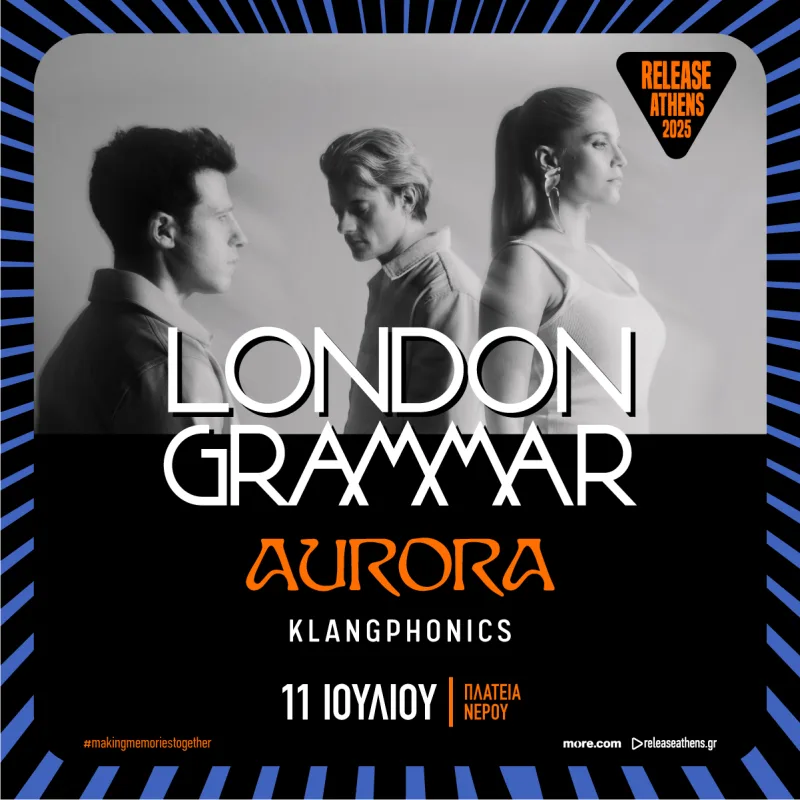 Αφίσα του Release Athens 2025 με τους London Grammar, την AURORA και τους Klangphonics.