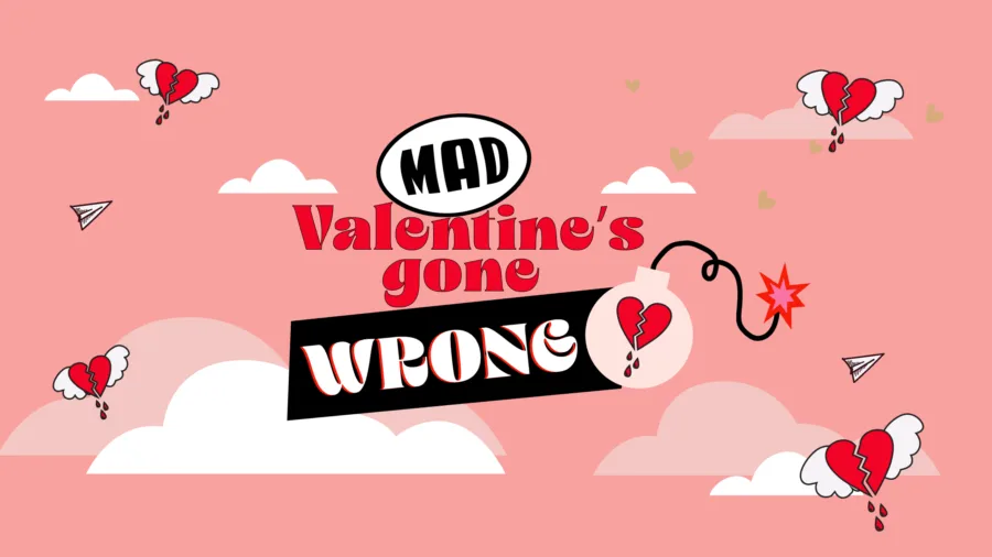 Γραφικό Mad Valentine's gone wrong με ραγισμένες καρδιές και σύννεφα σε ροζ φόντο.