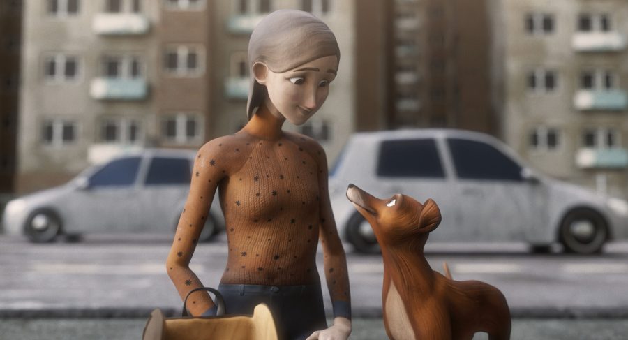 3D animation με γυναίκα και σκύλο σε αστικό περιβάλλον.