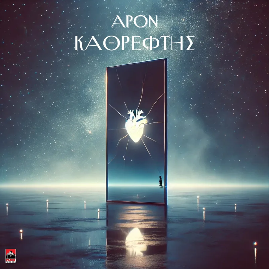 Εξώφυλλο του single Καθρέφτης από τον Apon με έναν σπασμένο καθρέφτη κάτω από τον έναστρο ουρανό.