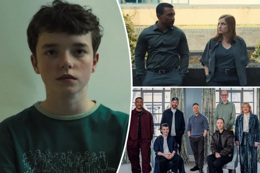 Κολάζ φωτογραφιών από τη σειρά Adolescence του Netflix με πρωταγωνιστές και συντελεστές.