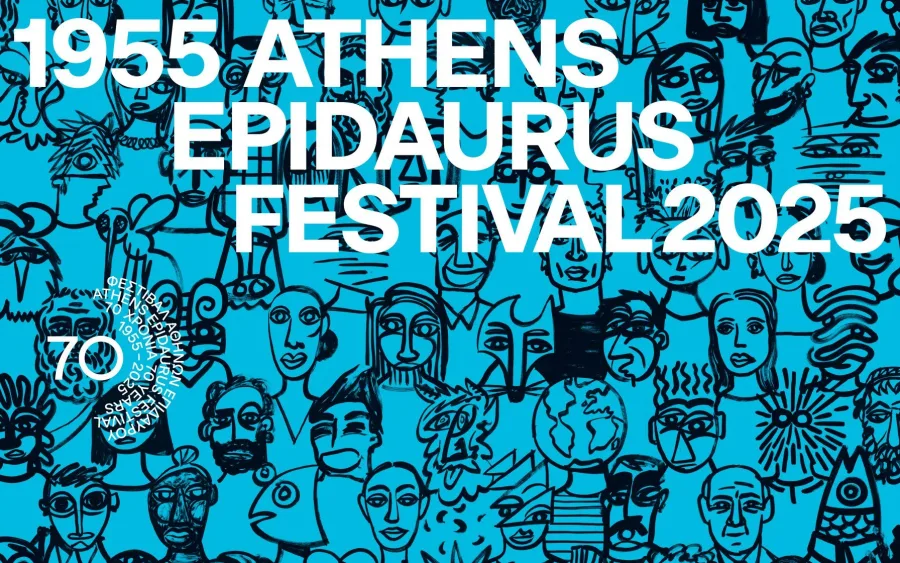 Αφίσα για τα 70 χρόνια του Φεστιβάλ Αθηνών Επιδαύρου με σκίτσα προσώπων σε γαλάζιο φόντο.