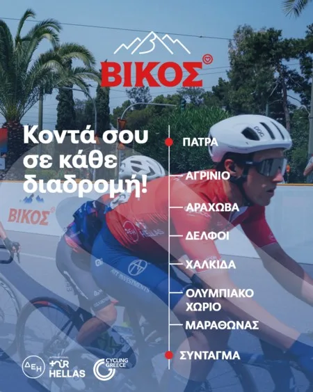 Αφίσα για τον ΔΕΗ Διεθνή Ποδηλατικό Γύρο Ελλάδας 2025 με ποδηλάτη και τη διαδρομή.