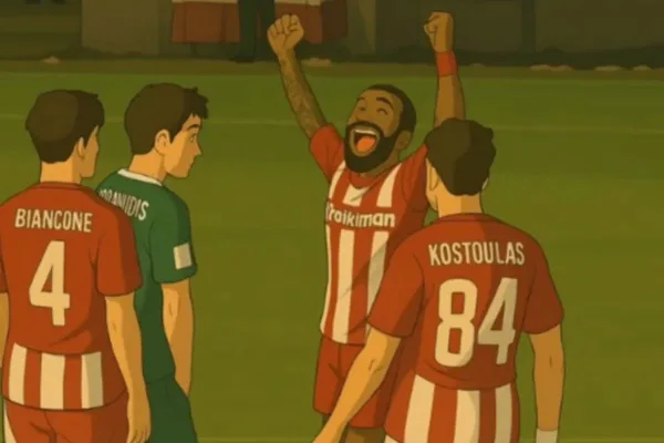 Εικονογράφηση σε στυλ Ghibli με ποδοσφαιριστές του Ολυμπιακού να πανηγυρίζουν.