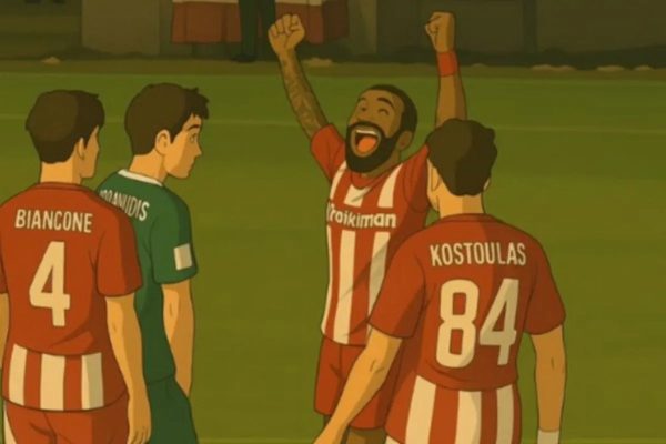 Εικονογράφηση σε στυλ Ghibli με ποδοσφαιριστές του Ολυμπιακού να πανηγυρίζουν.