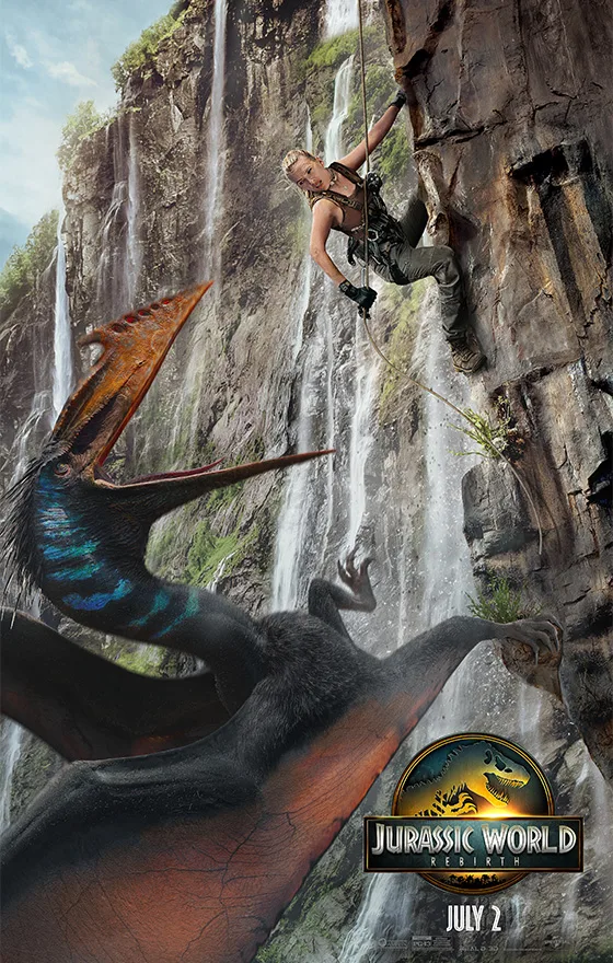 Η Scarlett Johansson σε σκηνή αναρρίχησης από την ταινία Jurassic World Rebirth.