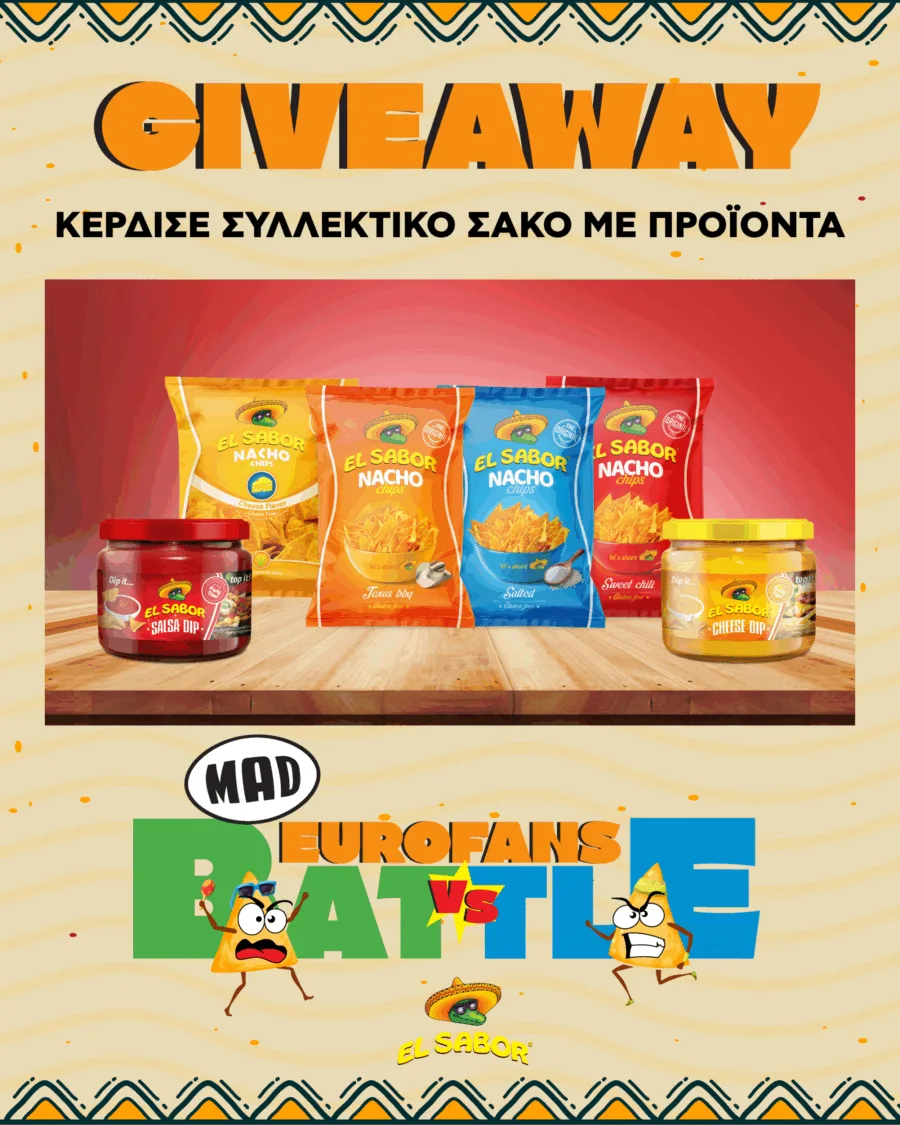 Διαφημιστική αφίσα διαγωνισμού El Sabor με προϊόντα Nacho Chips και Dips.