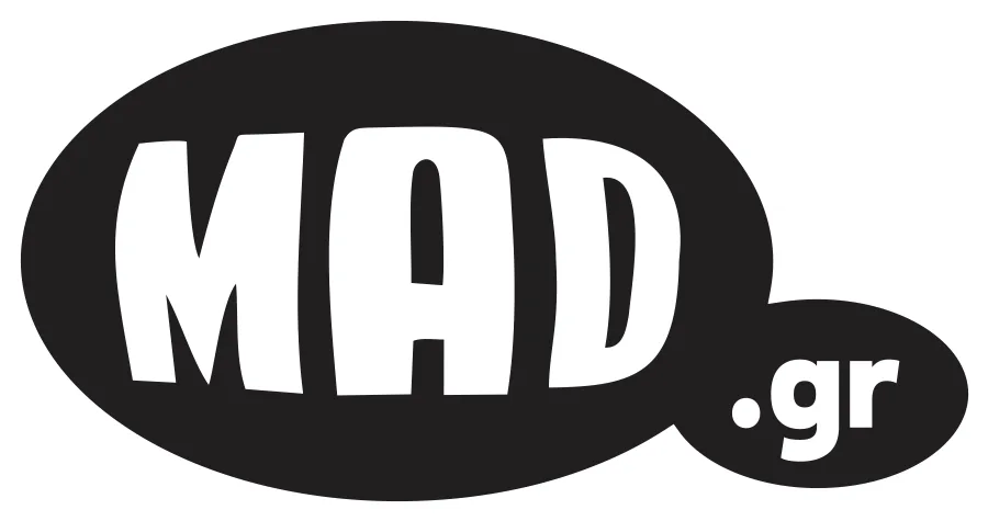 Το λογότυπο του mad.gr σε μαύρο και λευκό χρώμα.
