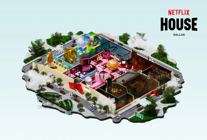 Λογότυπο του Netflix σε φόντο που παραπέμπει στα νέα θεματικά πάρκα Netflix Houses.