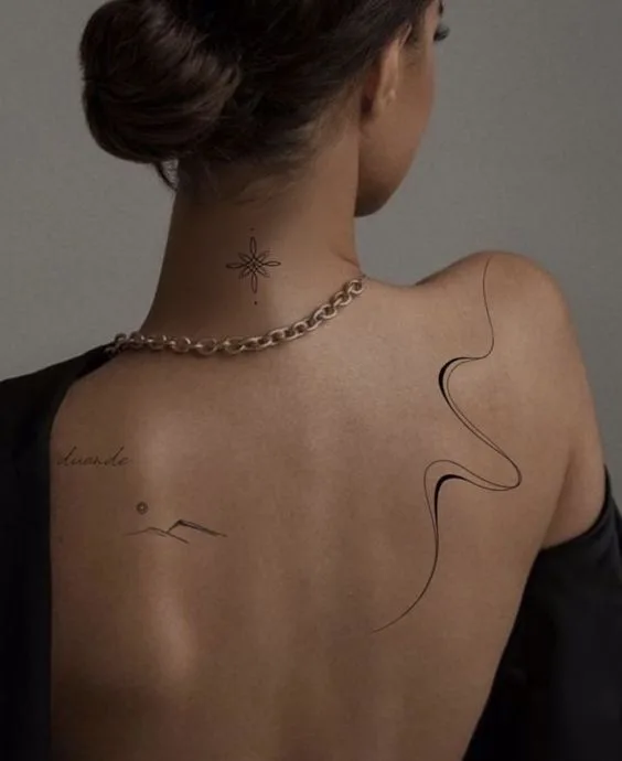 Σχέδιο tattoo με λεπτές γραμμές (line art) για έμπνευση και επιλογή στυλ.