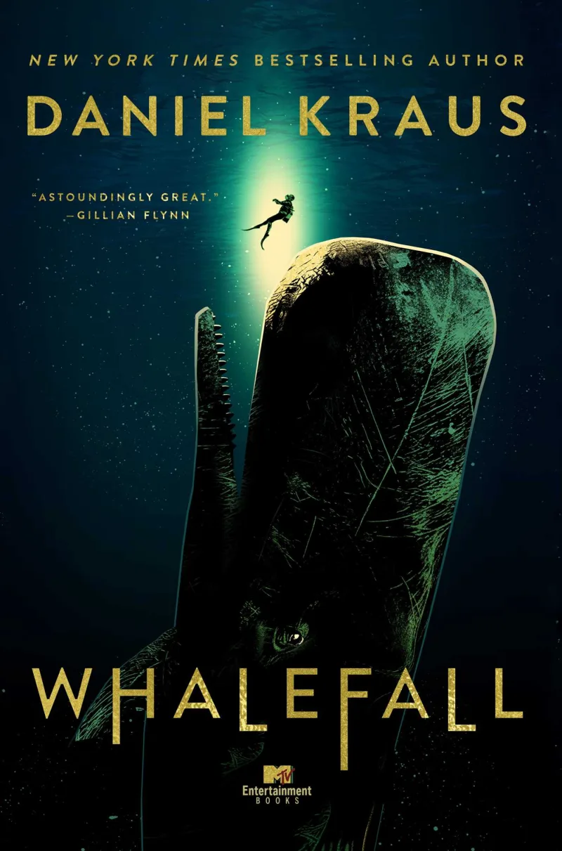 Εξώφυλλο του βιβλίου Whalefall του Daniel Kraus με μια φάλαινα και έναν δύτη.