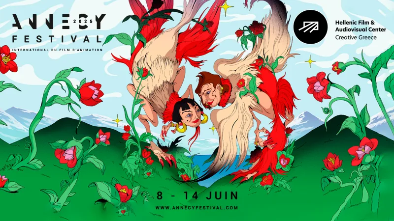 Αφίσα για το Annecy Festival 2025 με εικονογράφηση από μυθικά πλάσματα σε πράσινο τοπίο.