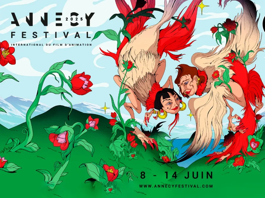 Αφίσα του Annecy Festival 2025 με σουρεαλιστικές ανθρωπόμορφες φιγούρες πουλιών σε καταπράσινο τοπίο.
