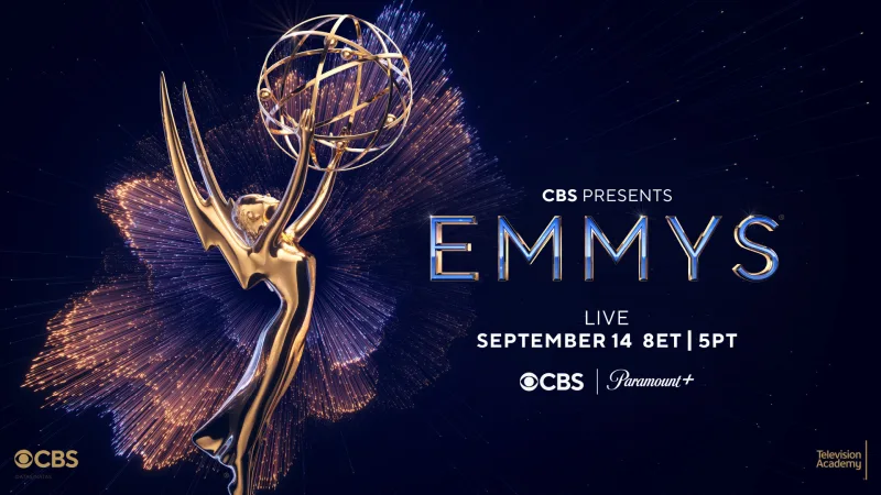 Αφίσα των βραβείων Emmy με το χρυσό αγαλματίδιο σε σκούρο φόντο.