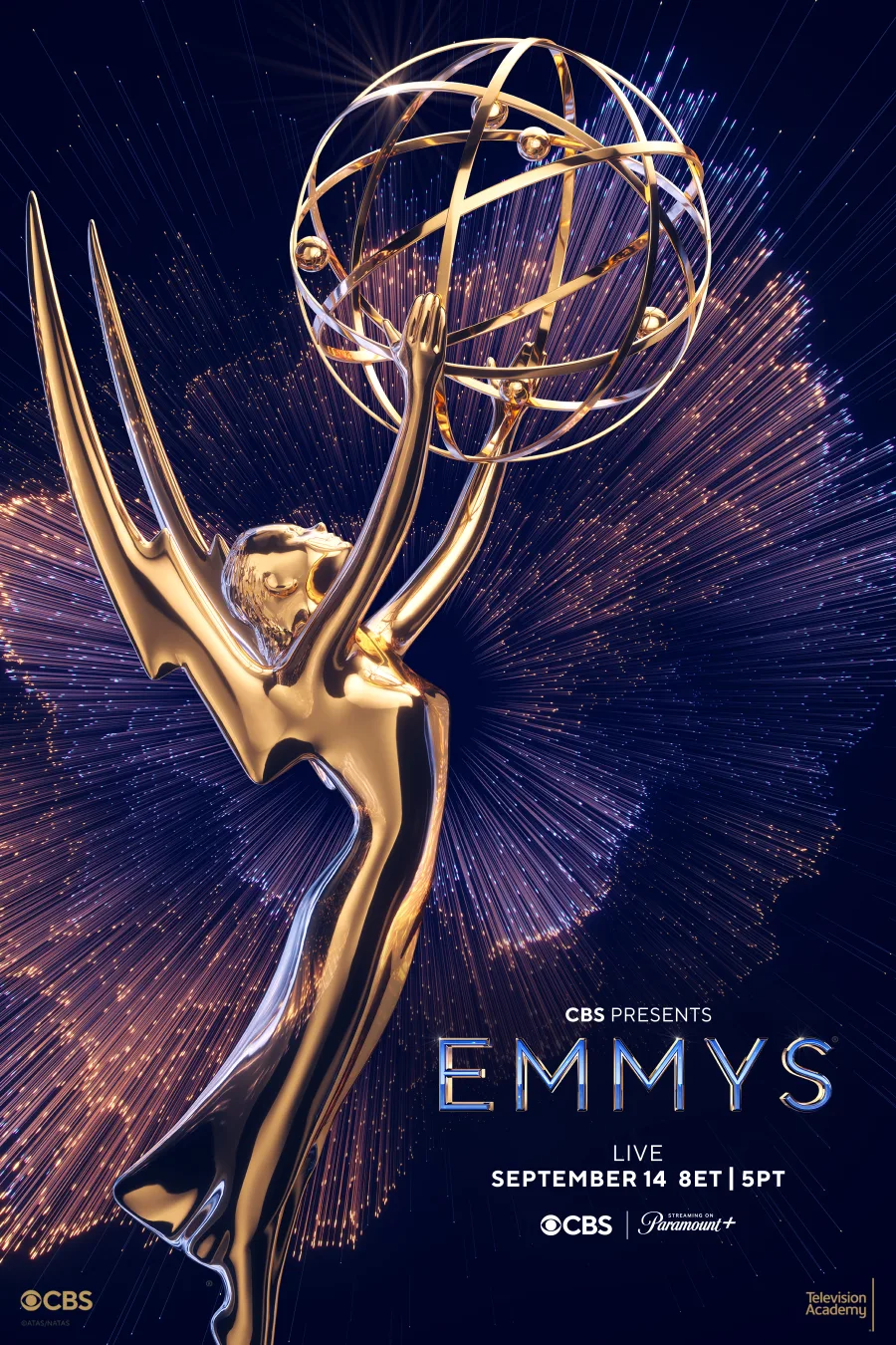Αφίσα των βραβείων Emmy με το χρυσό αγαλματίδιο σε φόντο με φωτεινές ακτίνες.