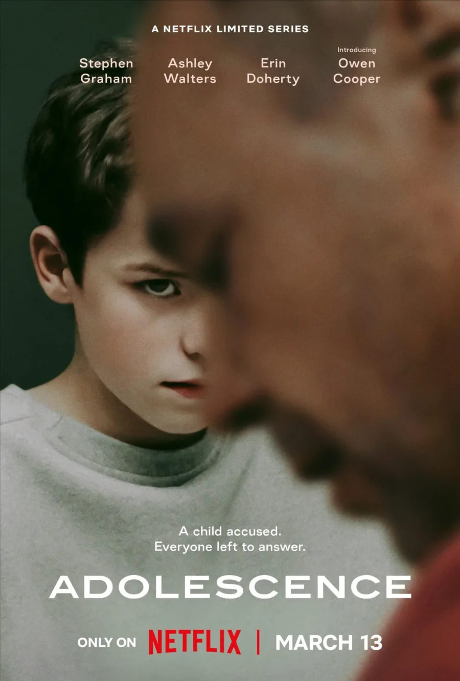 Αφίσα της σειράς "Adolescence" στο Netflix με τους Stephen Graham, Ashley Walters, Erin Doherty και Owen Cooper, που σημάδεψε το 2025.