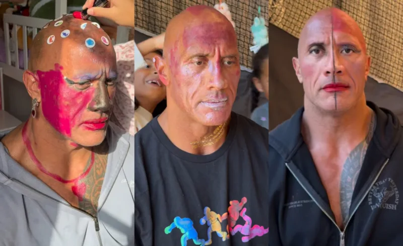 Ο Dwayne Johnson με ροζ γκλίτερ και φούξια κραγιόν στο πρόσωπο από παιχνίδι με τις κόρες του.