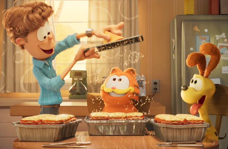 Ο γάτος Garfield από τη νέα ταινία με τις φωνές των Chris Pratt και Samuel L. Jackson.